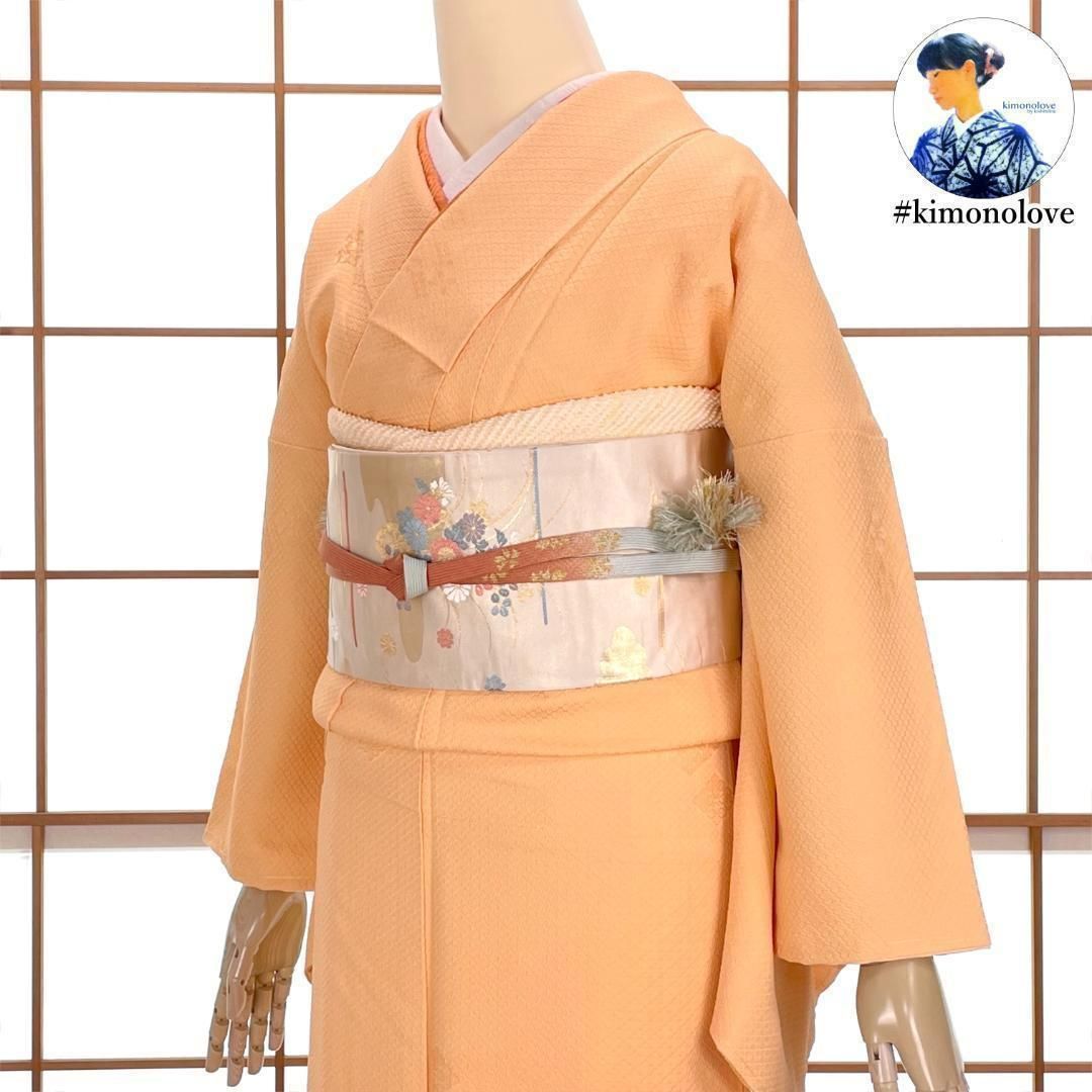 色無地着物 一つ紋 正絹 丹後ちりめん 花菱紋 ペールオレンジ 着物 kimonolove 新古品 オゾン消臭サービス A-1615