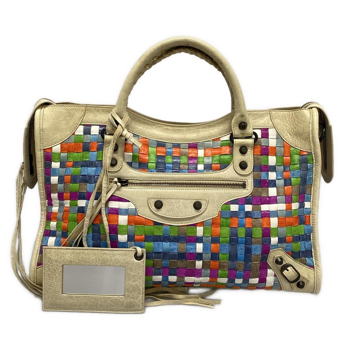 BALENCIAGA バレンシアガ ハンドバッグ ザ シティ 115748 アイボリー×ブルー×マルチ 編み込み レザー