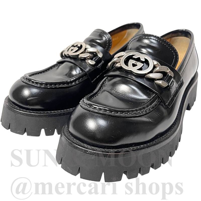 GUCCI グッチ 37.5 レディースローファー インターロッキング ブラック 美品 GUCCI グッチ 37.5 24.5cm相当 レディースローファー インター