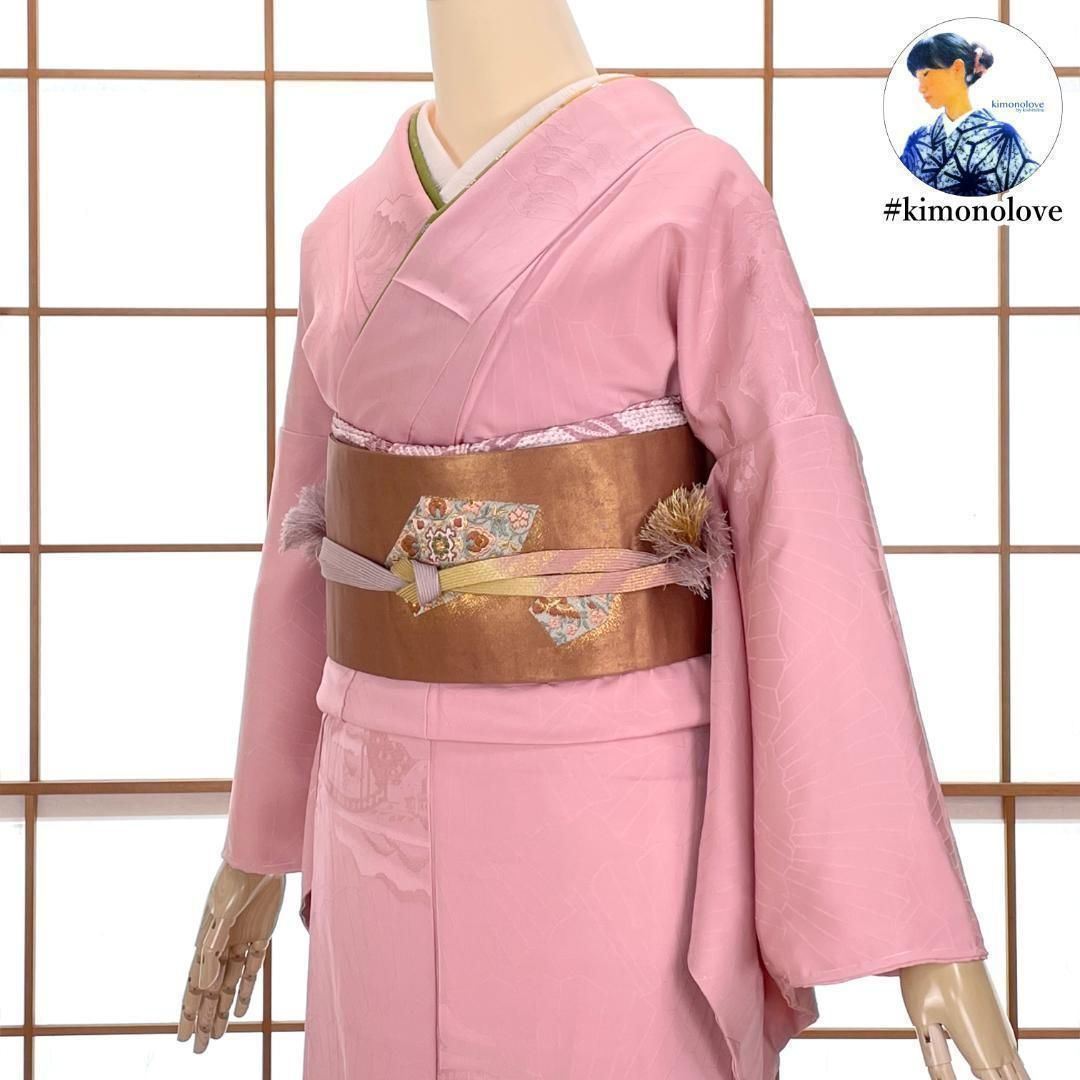 色無地着物 一つ紋 正絹 扇面 風景柄 渋みのある桃色 着物 kimonolove 新古品 オゾン消臭サービス A-1617