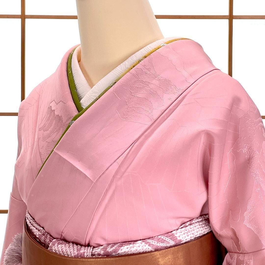 色無地着物 一つ紋 正絹 扇面 風景柄 渋みのある桃色 着物 kimonolove 新古品 オゾン消臭サービス A-1617