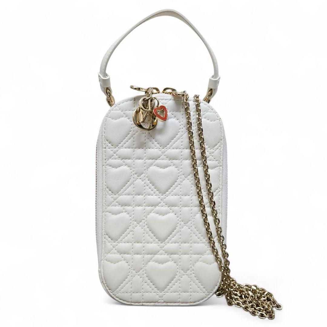 品 Dior フォンホルダー ラムスキン ショルダーバッグ ホワイト ハート チェーンショルダーバッグ スマホショルダーバッグ ハンドバッグ
