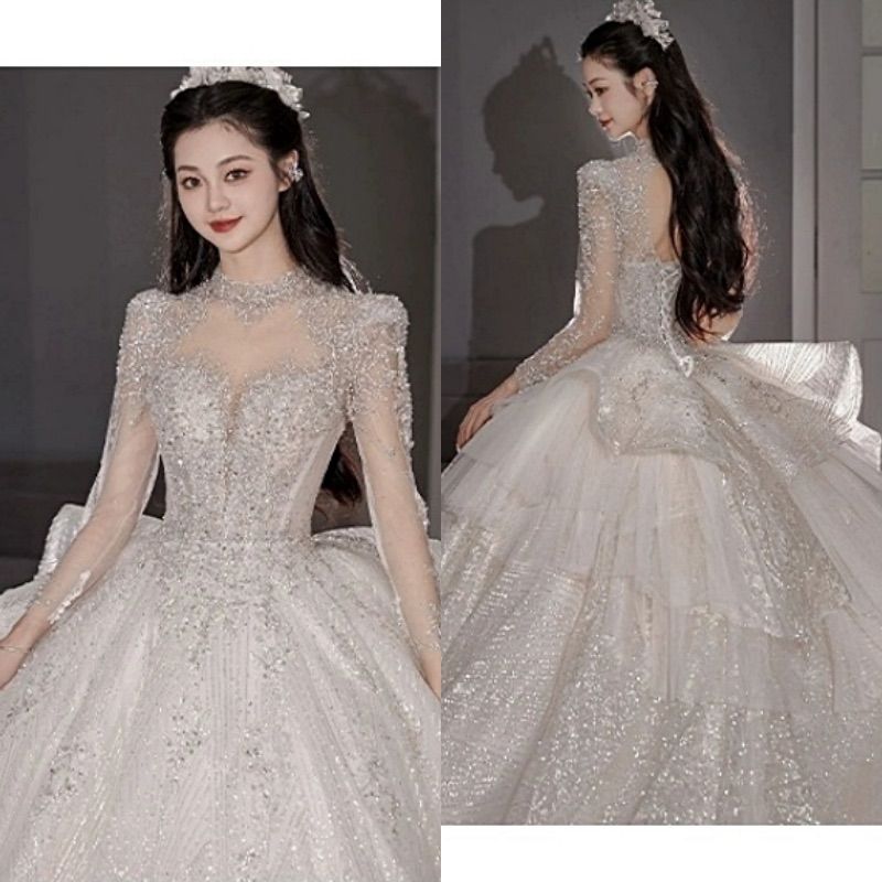 ウェディングドレス M プリンセスライン ロングドレス 豪華 スパンコール 前撮り 結婚式 披露宴 2次会