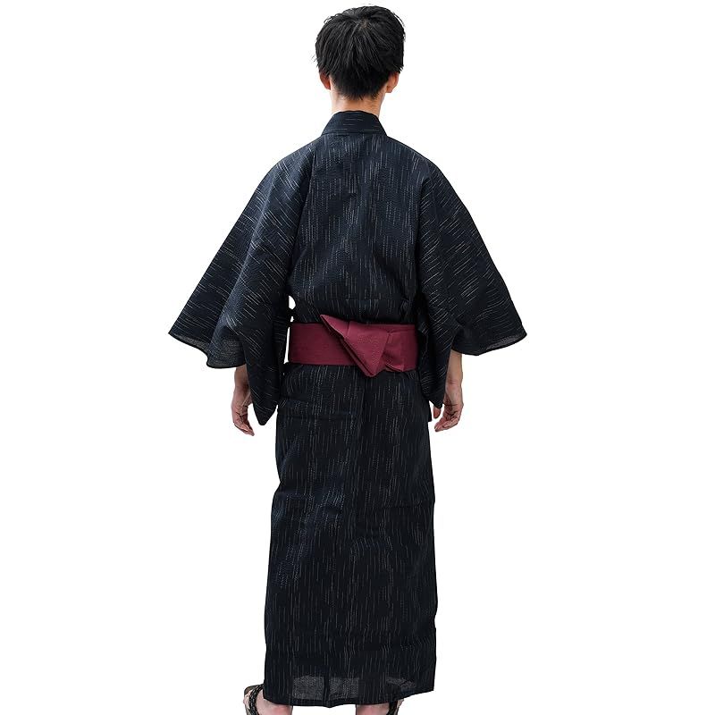 江戸てん メンズ浴衣しじら織り 2点セット 黒絣 703 帯ワイン 753 LL 0