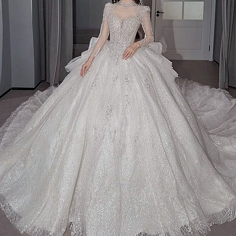 ウェディングドレス L プリンセスライン ロングドレス 豪華 スパンコール 前撮り 結婚式 披露宴 2次会