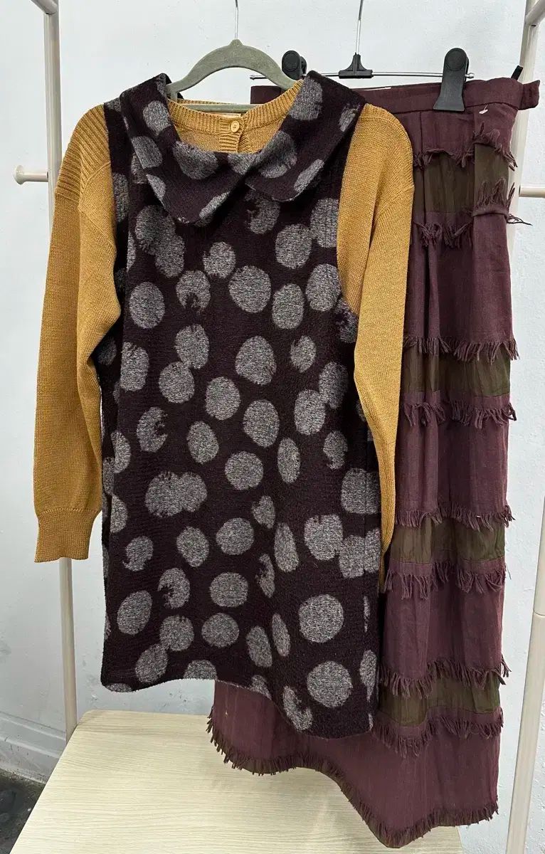 日本 ヴィンテージ なな 八卦 ドット ニットベスト グランジ ヒッピー タッセル ロング丈スカート コーディネートセット
