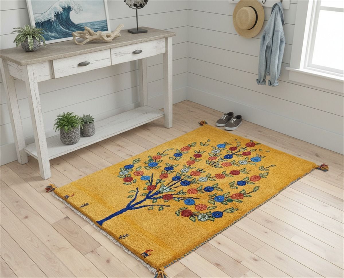 ペルシャ ギャッベ マット大 ラグ 115x80cm 黄金色 生命の木 RJ15884