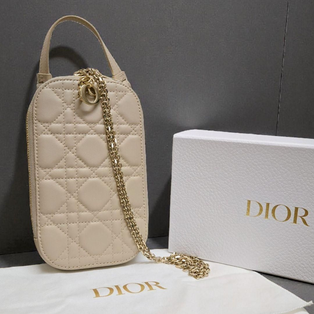 Dior カナージュ フォンホルダー ラムスキン ベージュ 2 wayハンドバッグ チェーンショルダーバッグ