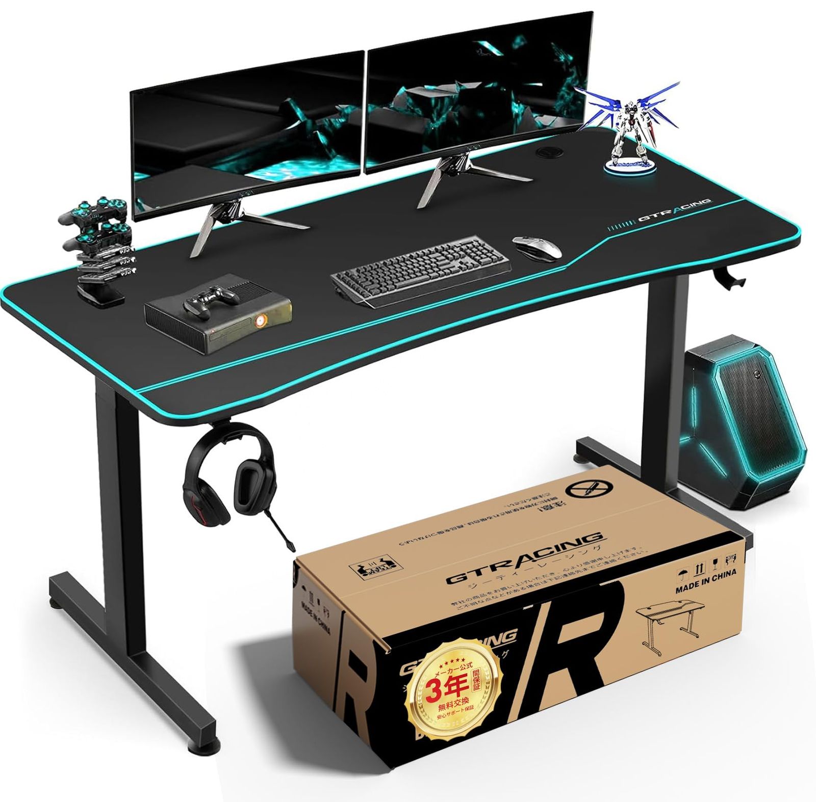 GTRACING ゲーミングデスク パソコンデスク 3年期間 デスクマット付き 炭素繊維天板 モニターアーム対応 頑丈なフレーム安定 組立簡単 机 オフィスワークテーブル pcデスク ゲームテーブル 作業机 幅140cm×奥行60cm 耐荷重100kg
