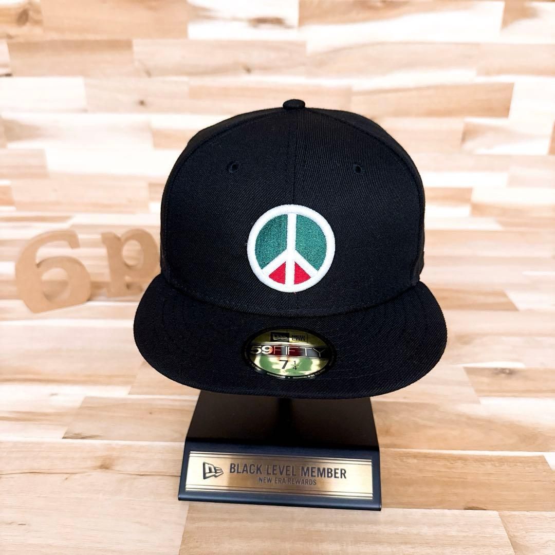 激 ニューエラ×ステューシー コラボ ピースサイン キャップ 黒×白パレスチナ国旗 サイン ロゴ ブラック×ホワイト