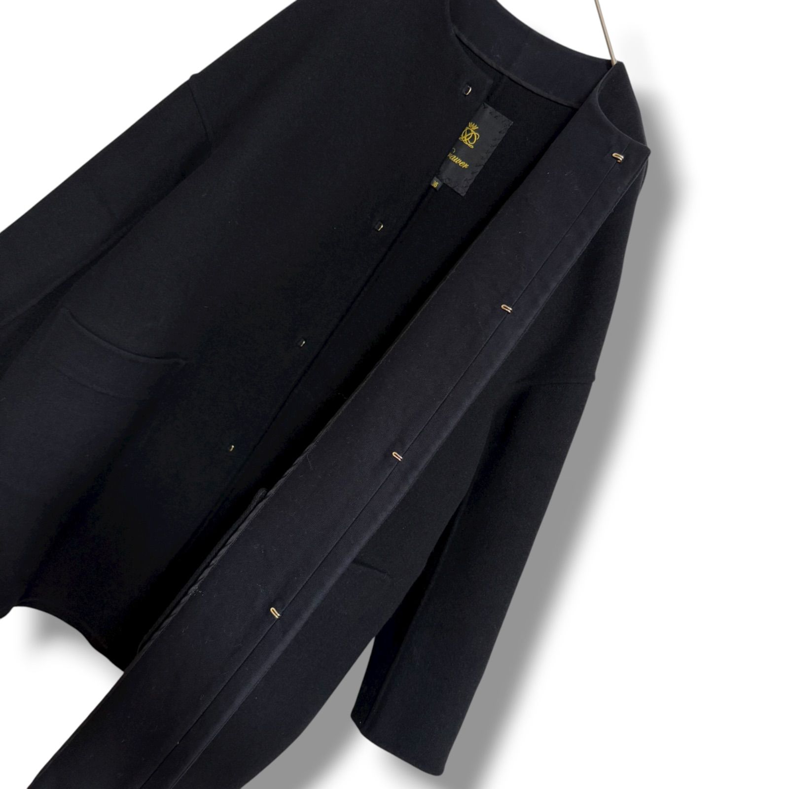 Drawer ウール100％ ゆったりオーバーサイズ ノーカラーロングコート ブラック黒 ダブルフェイス生地