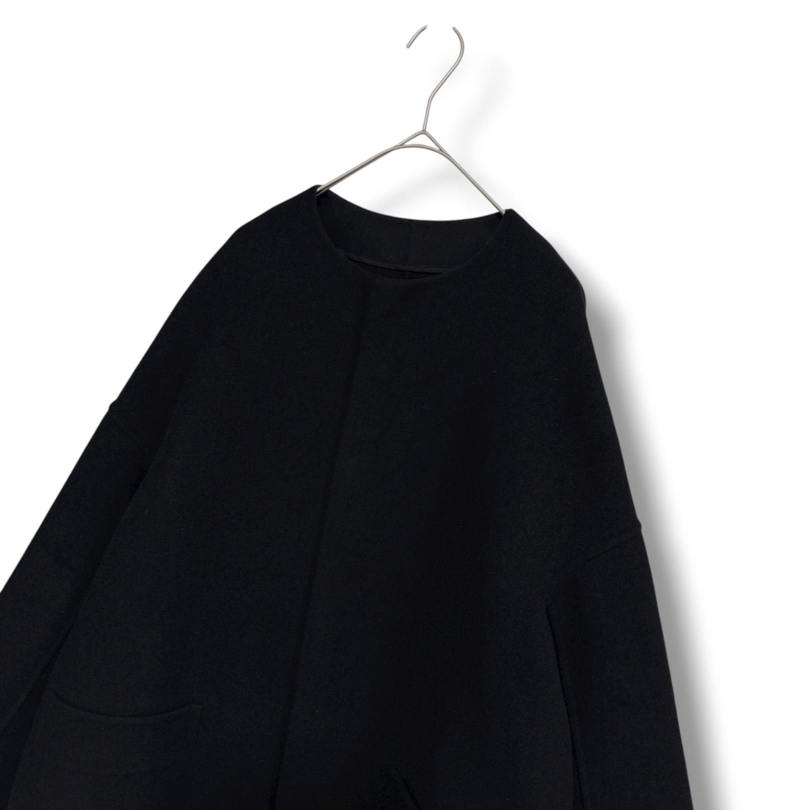 Drawer ウール100％ ゆったりオーバーサイズ ノーカラーロングコート ブラック黒 ダブルフェイス生地 GULLKHAN_COM