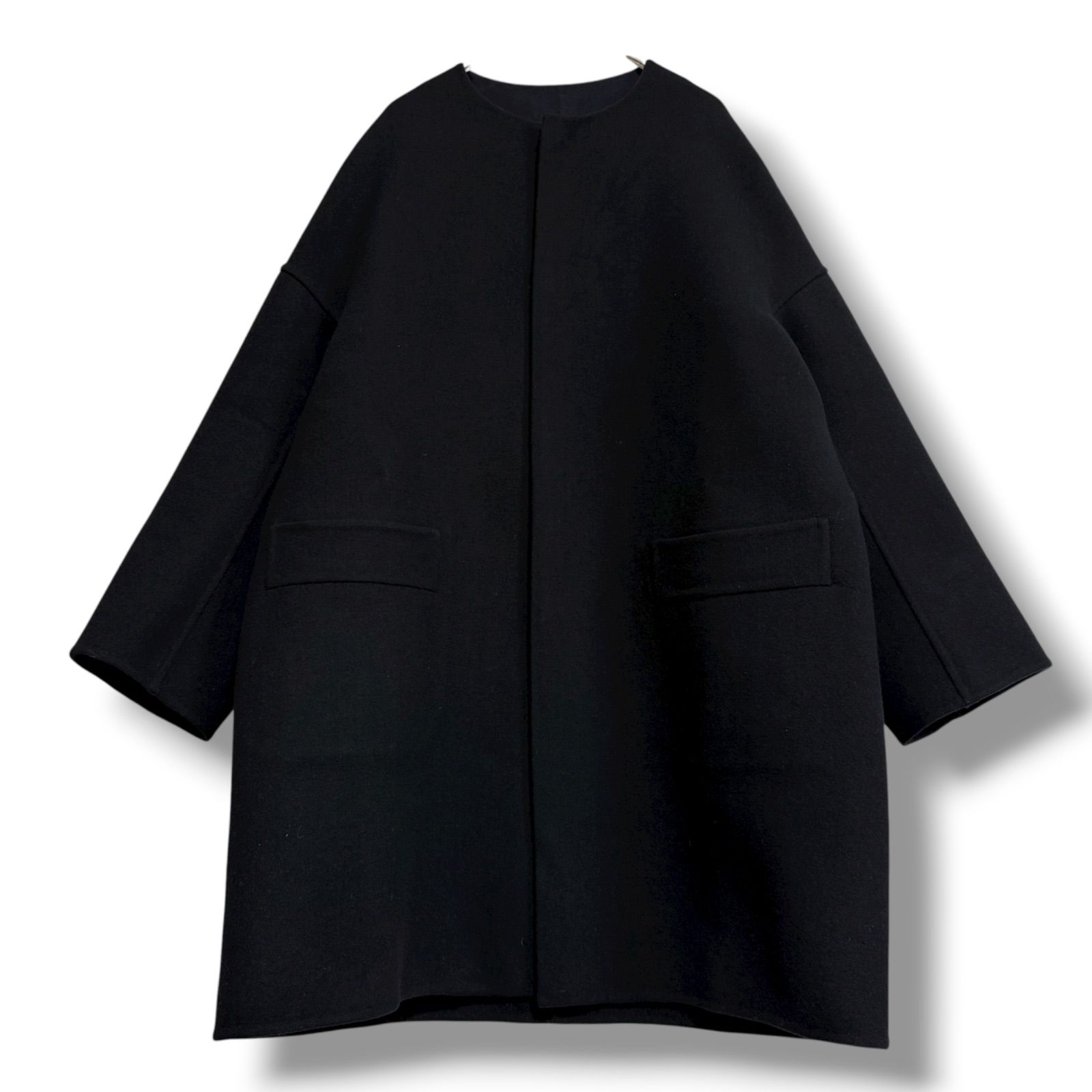 Drawer ウール100% ゆったりオーバーサイズ ノーカラーロングコート ブラック黒 ダブルフェイス生地