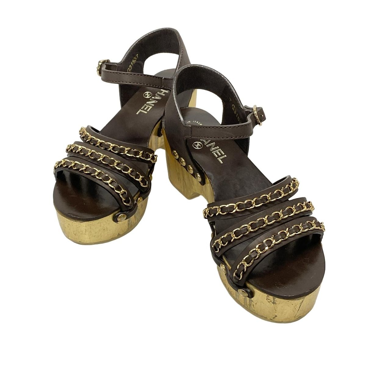 CHANEL シャネル サンダル 35 1 2 レディース - ゴールド×ダークブラウン ウェッジソール アウトソール張替済 レザー