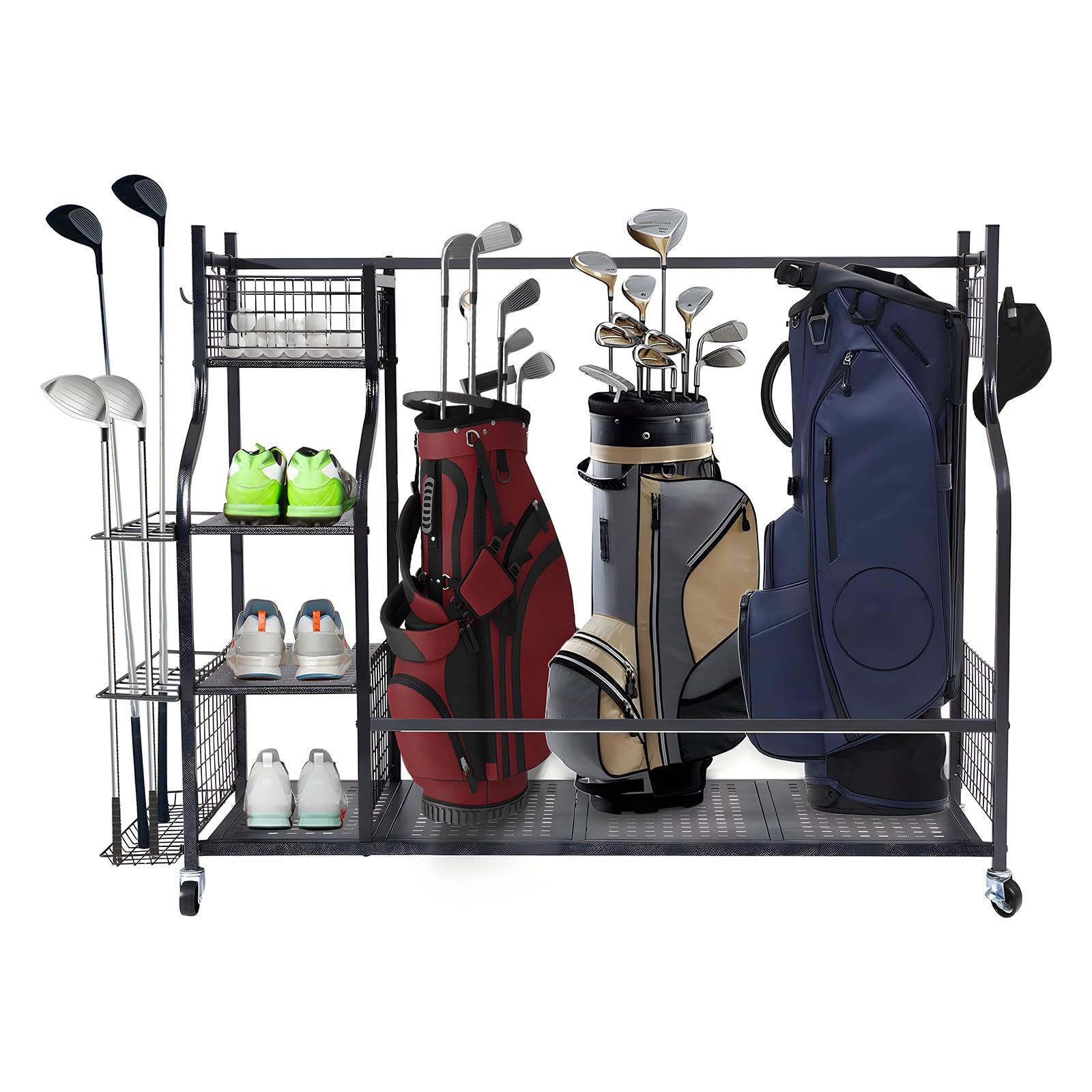 ゴルフバッグ 収納ラック ストレージラック バッグ 収納棚付き 転倒防止設計 カーボンスチール製 多段収納棚 可動フック付 キャスター付き ゴルフクラブ ボール シューズ整理 自宅 ガレージ クラブ アウトドア 全般対応 大容量 ゴルフ愛好者必備のストレ