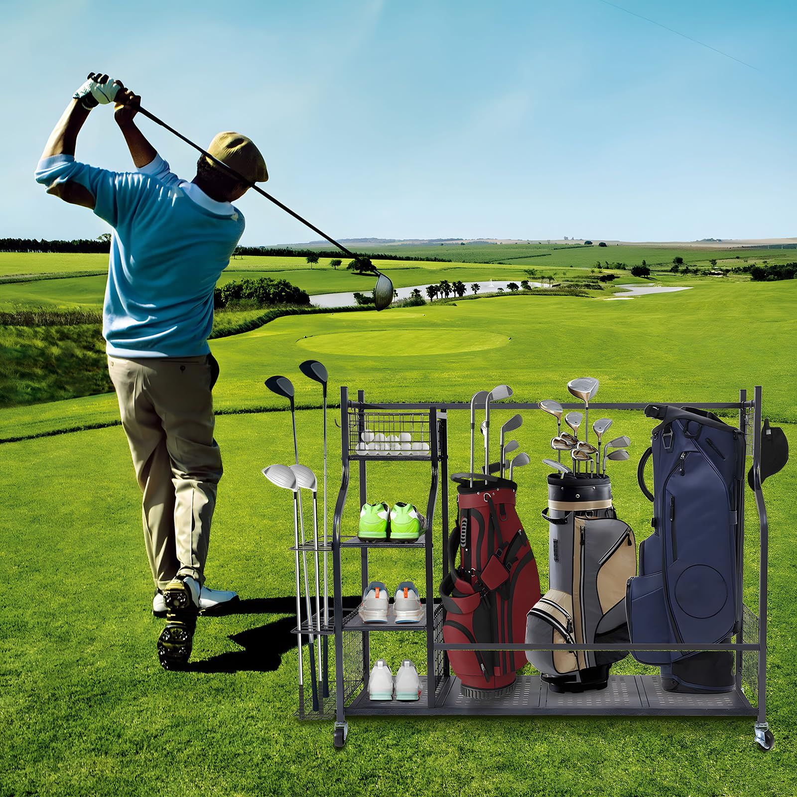  ゴルフバッグ 収納ラック ストレージラック バッグ 収納棚付き 転倒防止設計 カーボンスチール製 多段収納棚 可動フック付 キャスター付き ゴルフクラブ ボール シューズ整理 自宅 ガレージ クラブ アウトドア 全般対応 大容量 ゴルフ愛好者必備のストレ スカート ゴルフバッグ キャディバッグ ゴルフ