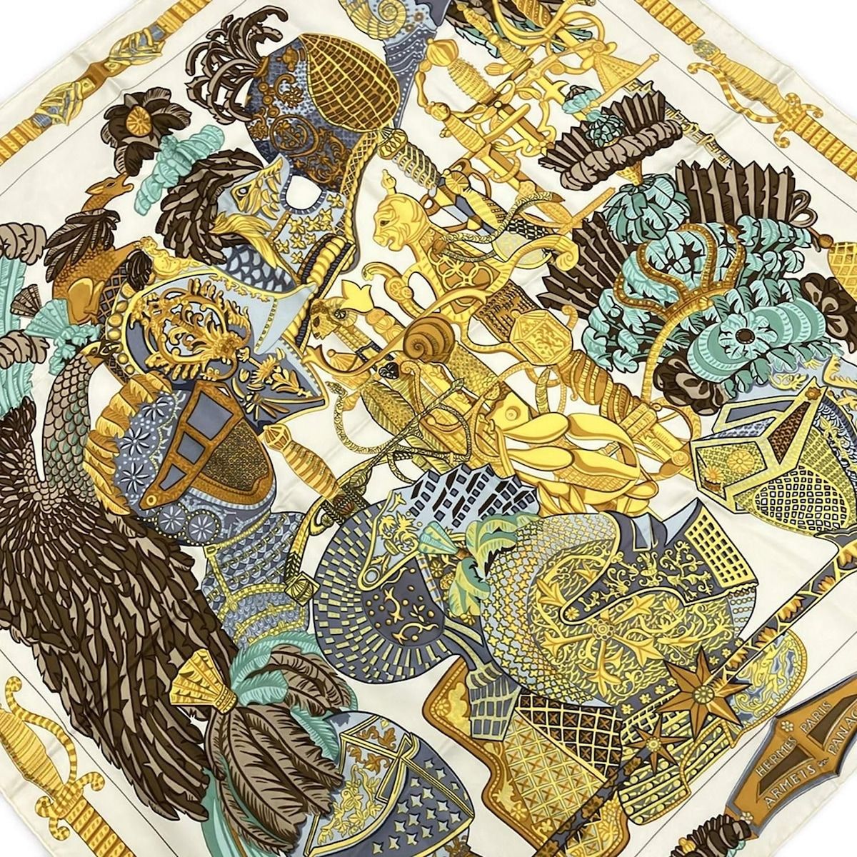 HERMES エルメス スカーフ カレ90 ゴールド×ダークブラウン×マルチ ARMETSenPANACHE