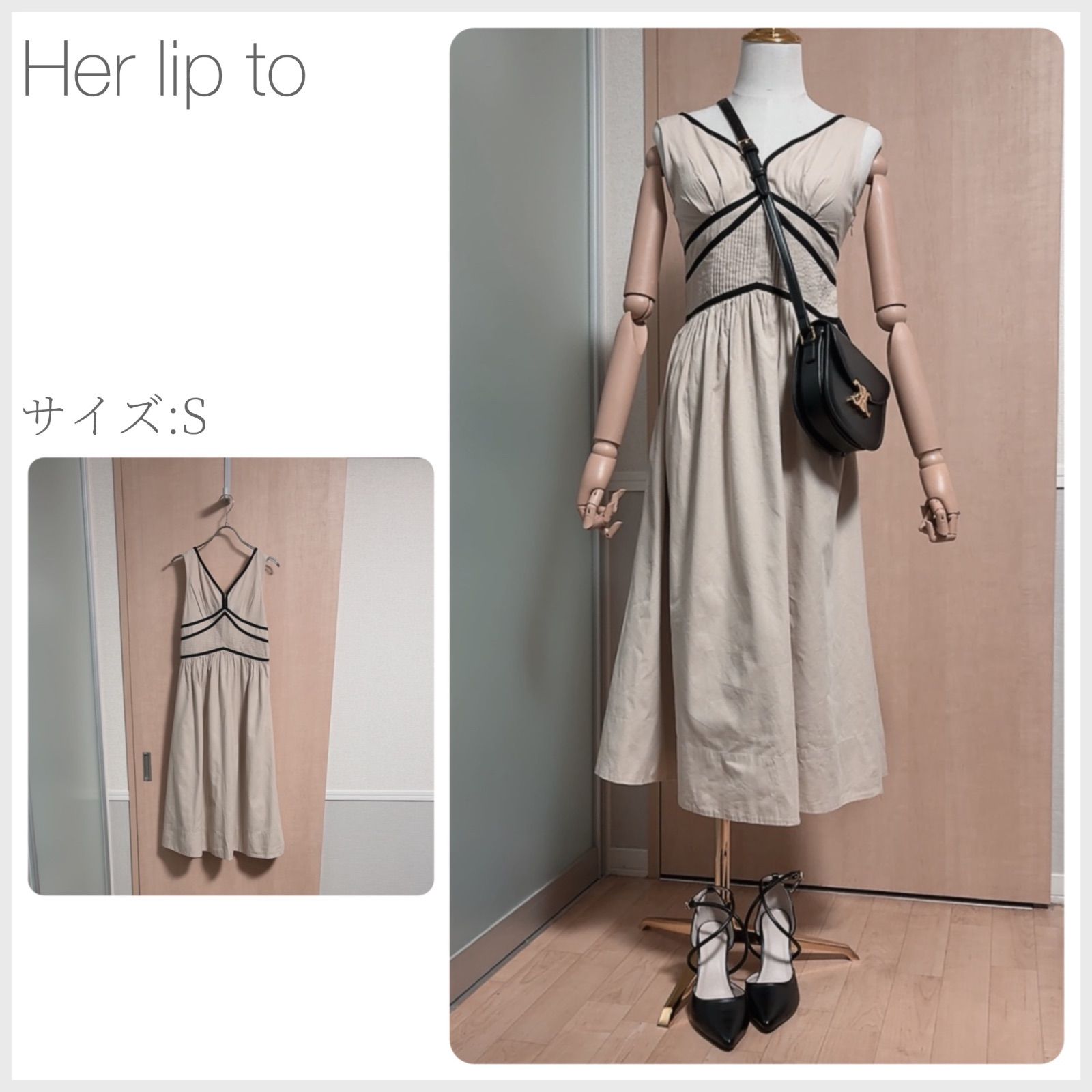 Her lip to バックダブルボゥミディドレス サンドベージュ Back Double Bow Midi Dress 3338