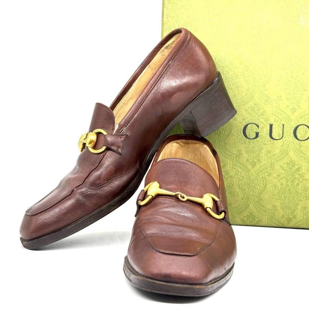 受け継がれる 美と格式 GUCCI グッチ ホースビット ローファー パンプス レザー ゴールド金具 Y2K イタリア製 上品コーデ ブラウン 7サイズ 24cm