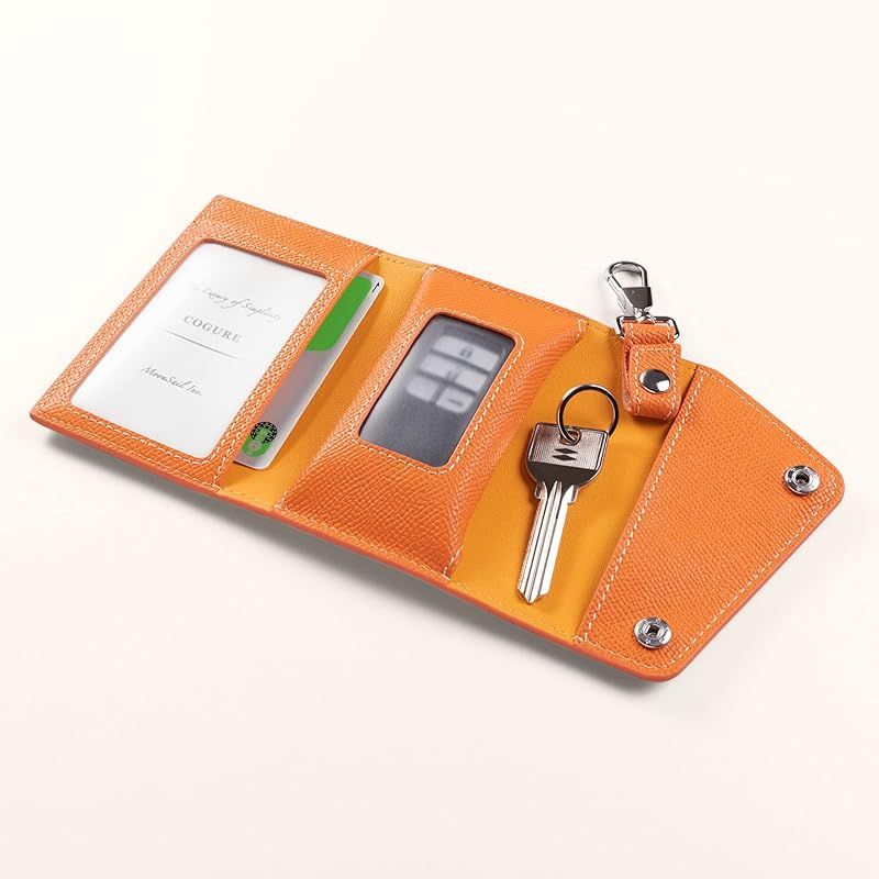  COGURE コグレ スマートキーケース 本革 ヨーロピアンエンボスレザー 透明窓 スマートキーホルダー カード入れ ギフトボックス付き オレンジ Orange 0 キーケース 小物