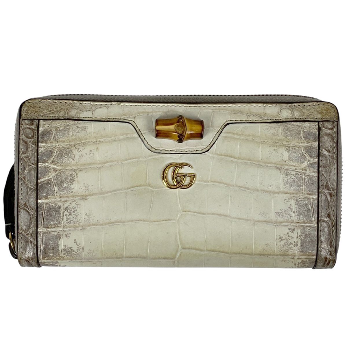 グッチ GUCCI GGマーモント ラウンドファスナー 長財布 ダブルG ラウンドジップ バンブー 長財布 クロコダイル ホワイト 653634 レディース