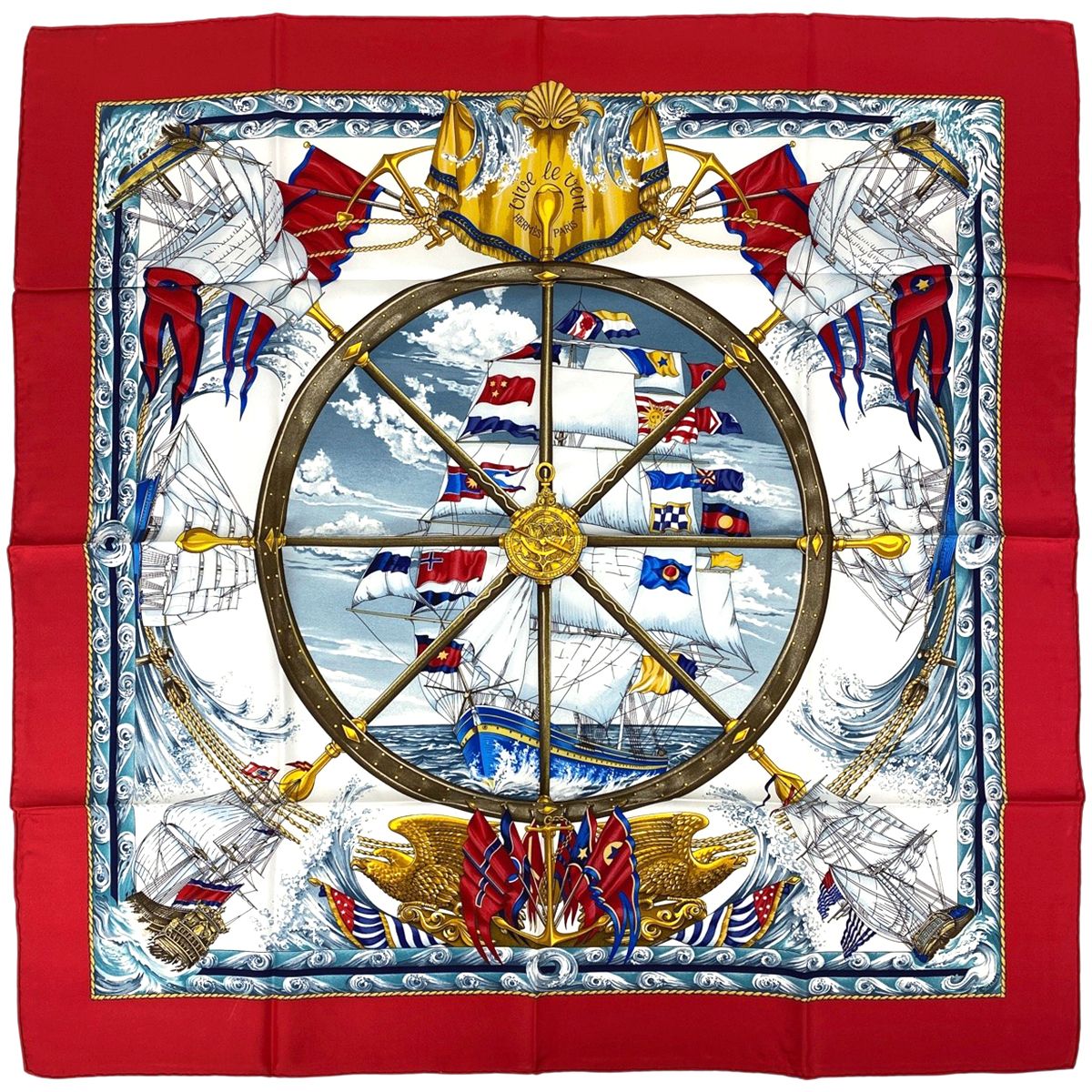 エルメス HERMES カレ 90 vive le vent 風よ吹け スカーフ シルク レッド レディース