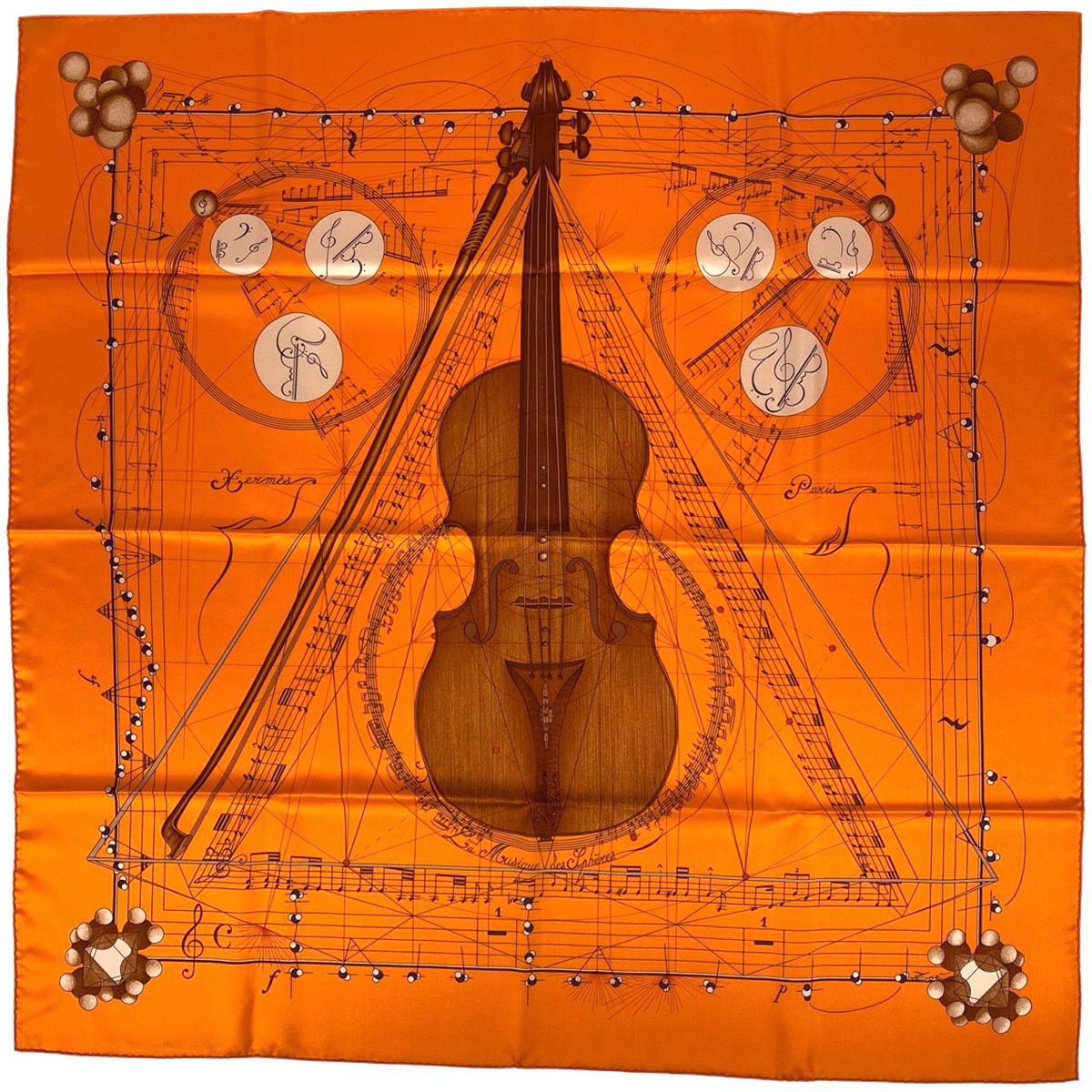 エルメス HERMES カレ 90 La Musique des Spheres 球体が奏でる音楽 スカーフ シルク オレンジ マルチ レディース