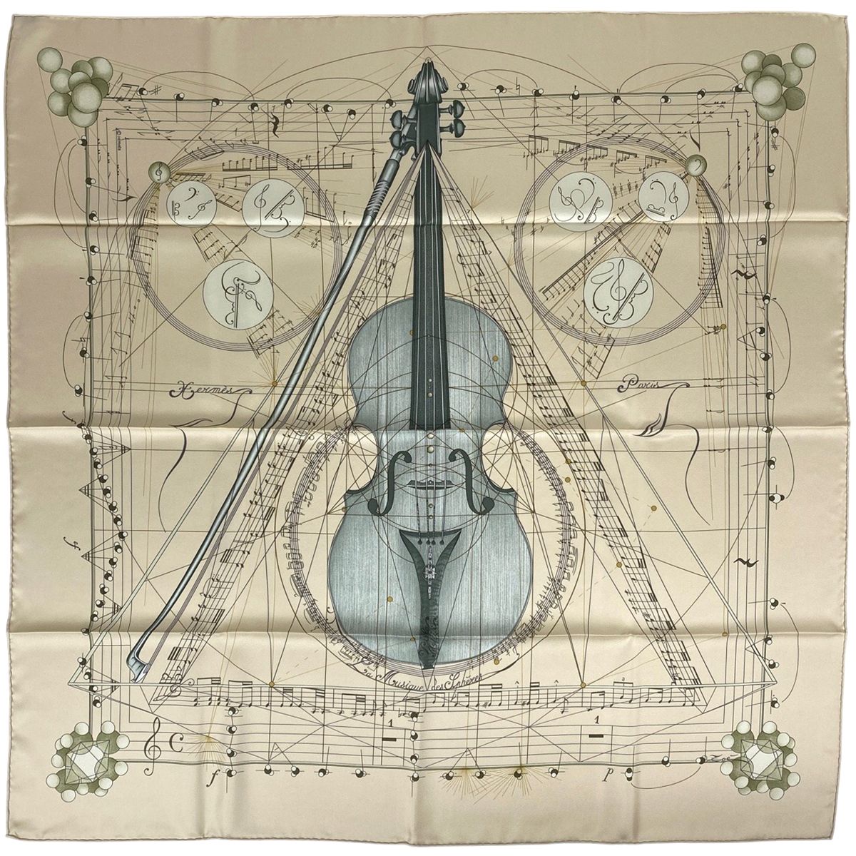 エルメス HERMES カレ90 La Musique des Spheres 球体が奏でる音楽 スカーフ シルク ベージュ マルチ レディース