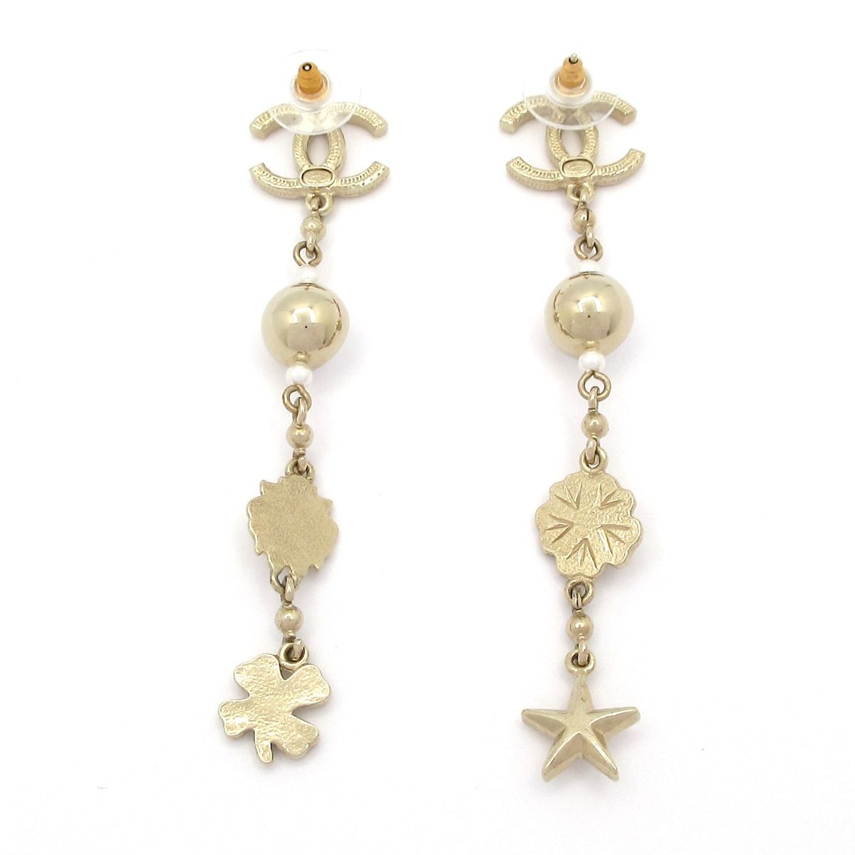 CHANEL シャネル ピアス - シャンパンゴールド×クリア×アイボリー ココマーク スター クローバー カメリア