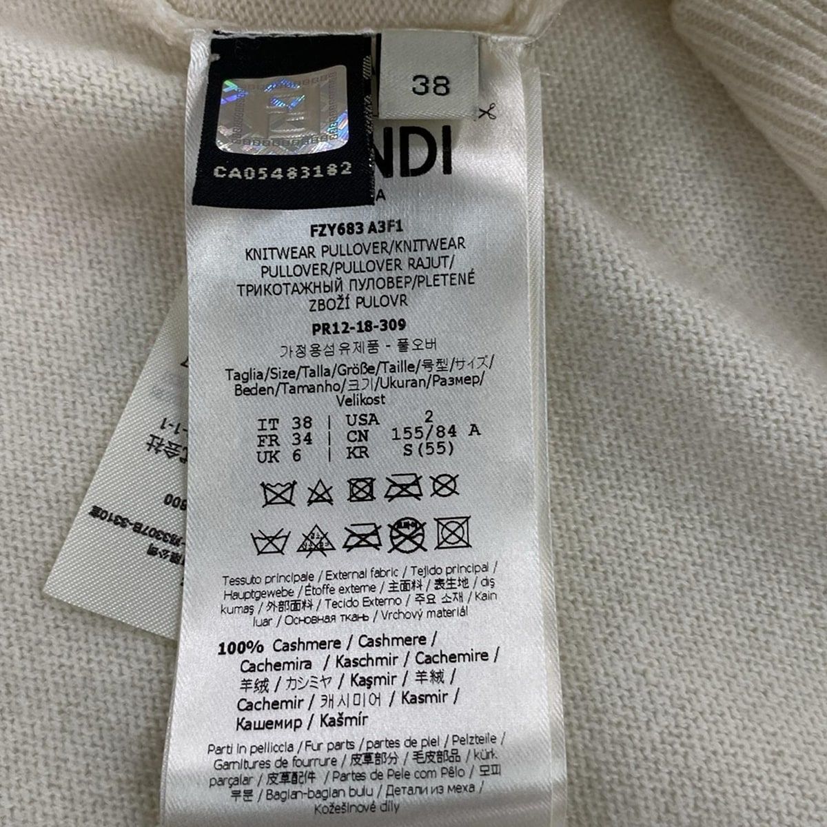  FENDI フェンディ 長袖セーター サイズ38 S レディース - アイボリー クルーネック カシミヤ シルク ファー ロゴ 長袖 ニット セーター