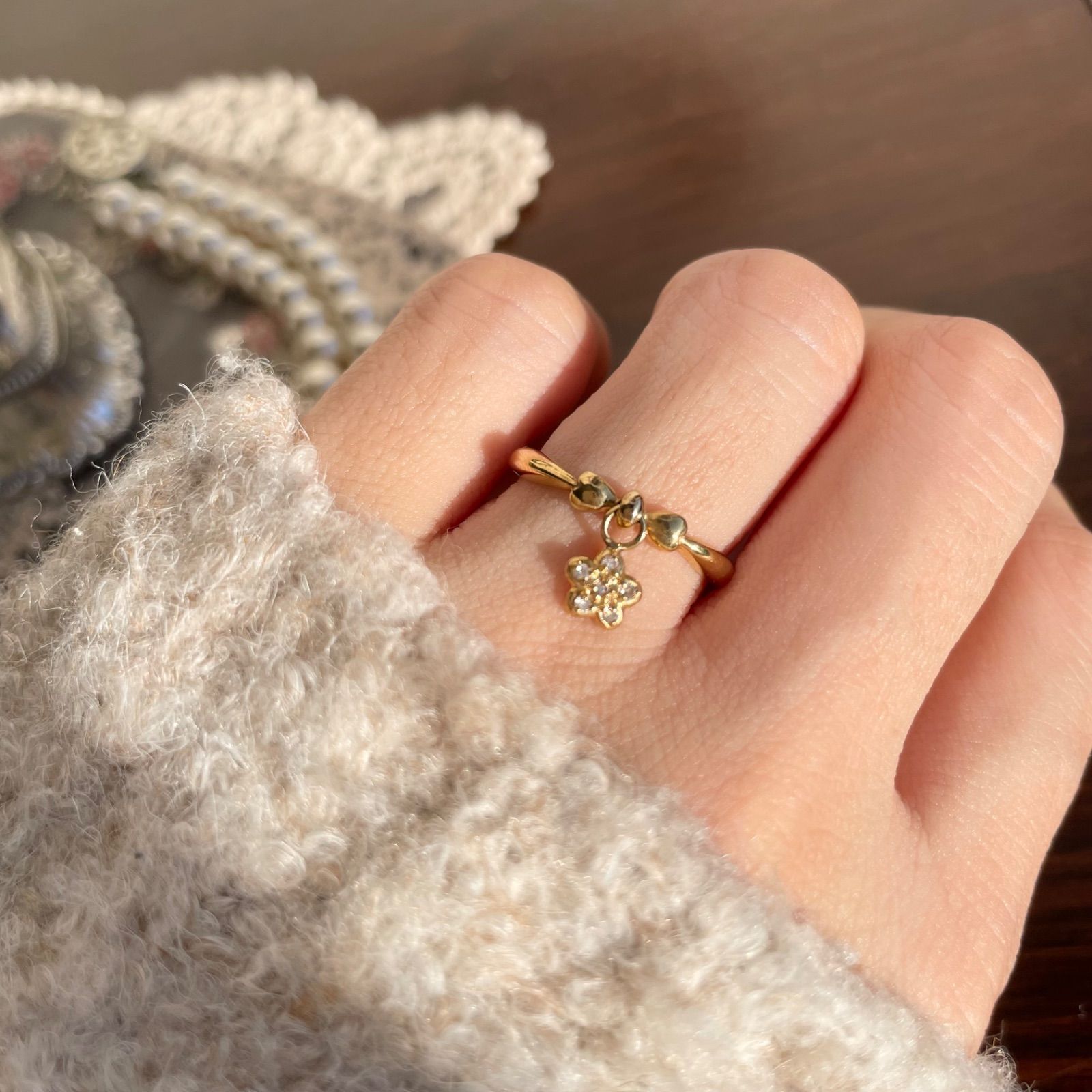 K18 キラキラ チャーム ダイヤ 指輪 11号 1.6g B9220