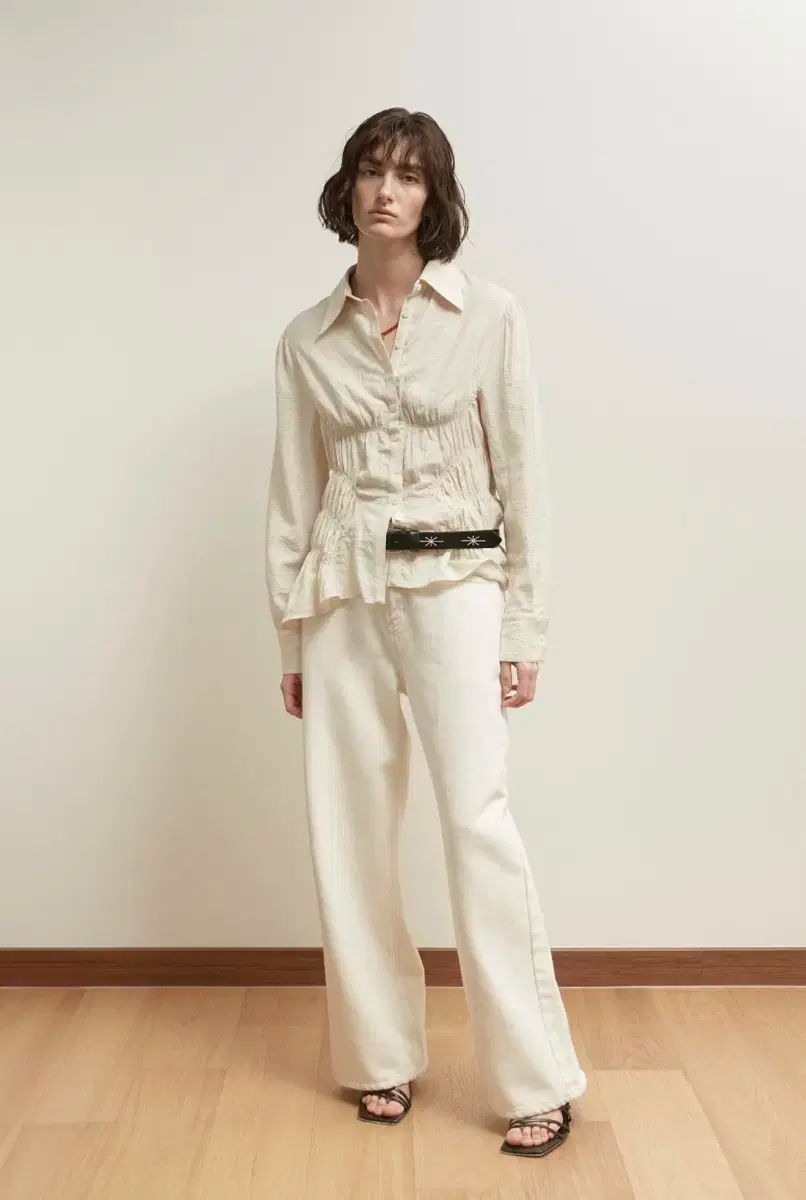 ソルティペブル プリーツ シャーリング ブラウス ベージュ