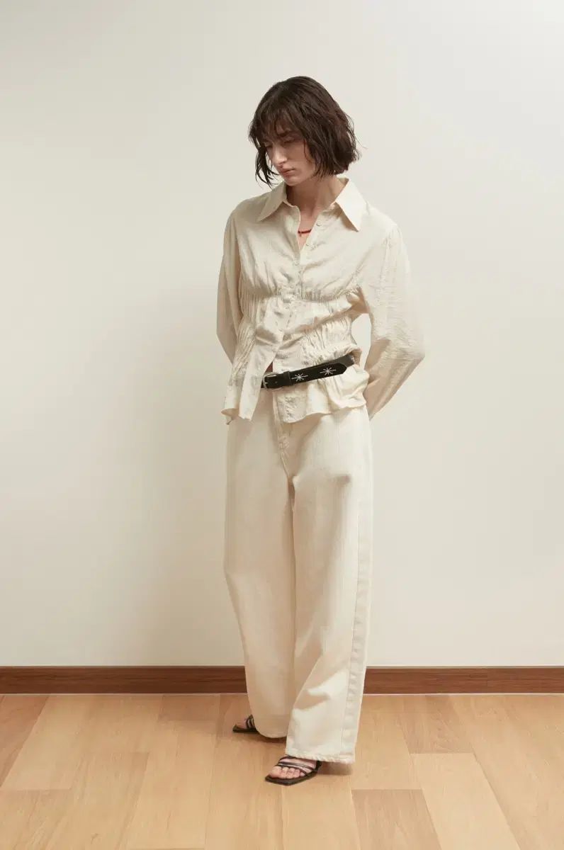  ソルティペブル プリーツ シャーリング ブラウス ベージュ 長袖 シャツ ブラウス