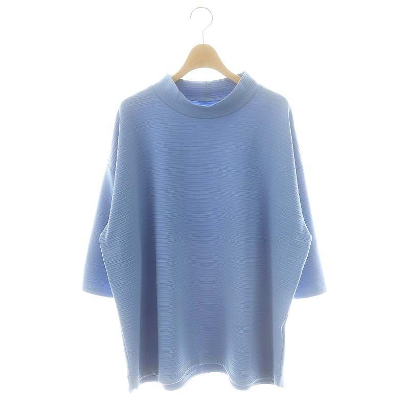 ハルメク ハイネック 横畝プルオーバー カットソー 七分袖 M 青 ブルー