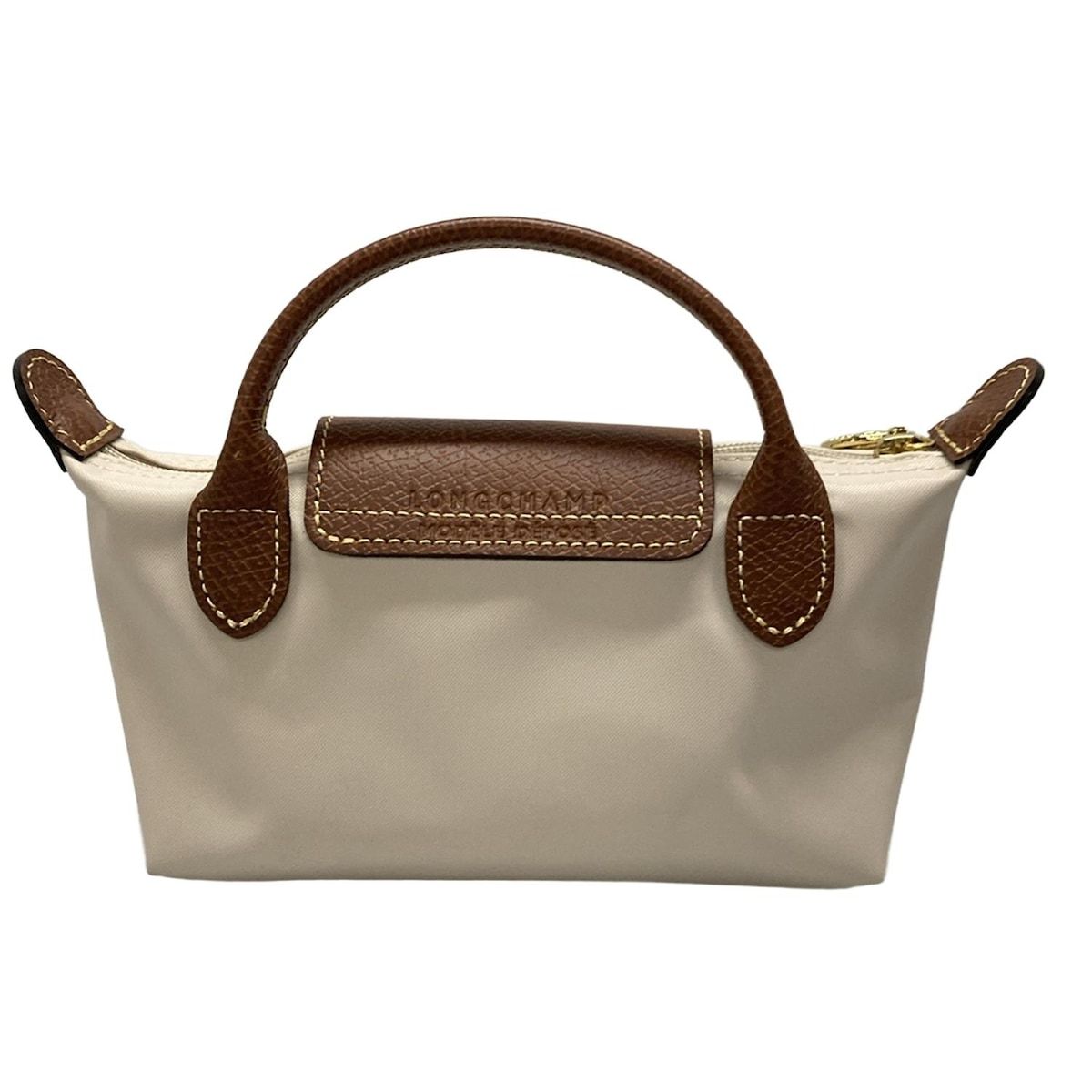 LONGCHAMP ロンシャン ポーチ - アイボリー×ブラウン ハンドル付きミニポーチ レザー