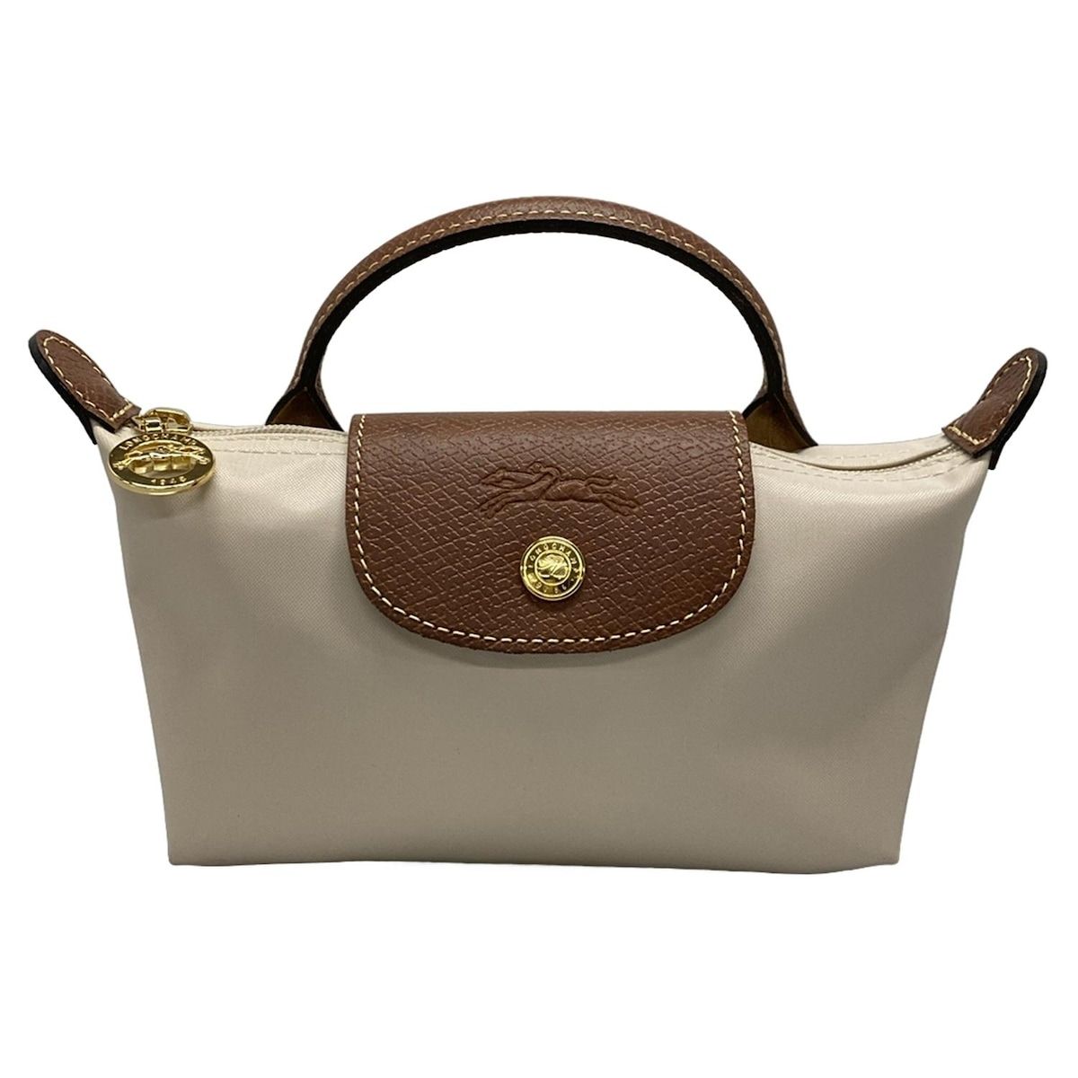 LONGCHAMP ロンシャン ポーチ - アイボリー×ブラウン ハンドル付きミニポーチ レザー