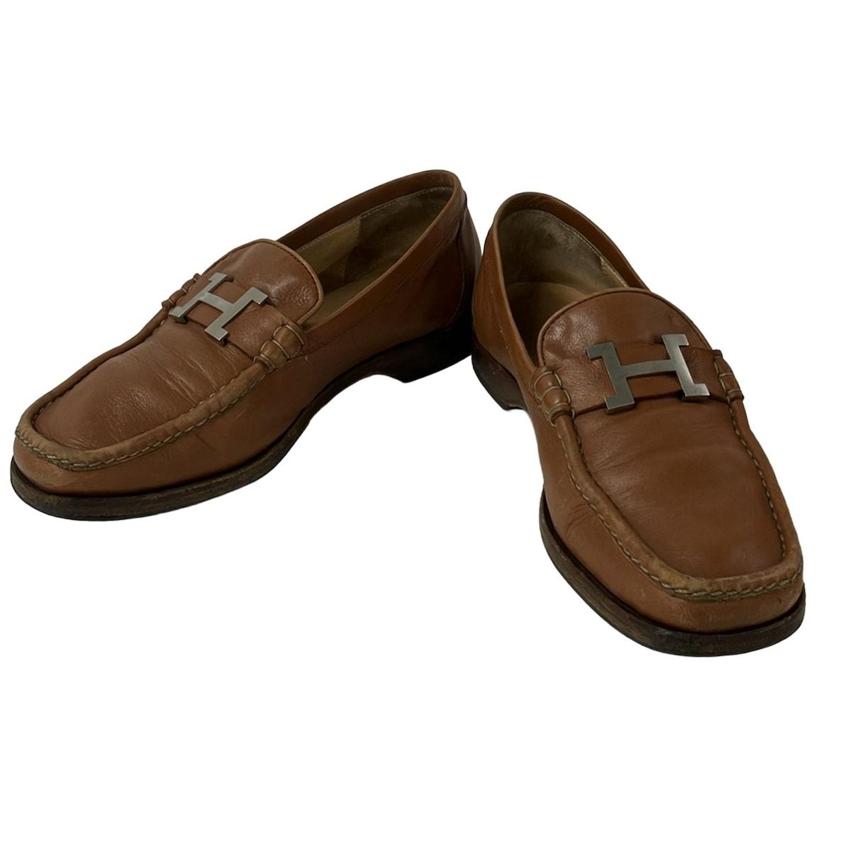 HERMES エルメス ローファー - ブラウン H金具 シルバー金具 アウトソール張替済 レザー