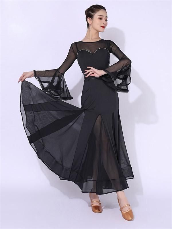 社交ダンスドレス 社交ダンス モダンドレス 大きいサイズ 長袖 大きい裾 ドレス ワルツダンス ダンスウェア ステージ衣装 競技会 ダンスパーティー 発表会