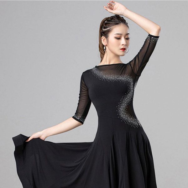 社交ダンス 衣装 モダンドレス ラテン衣装 ダンスウエア 大きい裾 競技着 練習服 ワルツ タンゴ服 インターナショナルダンス モダンダンス
