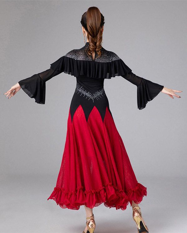 社交ダンス 衣装 モダンドレス ラテン衣装 ダンスウエア 大きい裾 競技着 練習服 ワルツ タンゴ服 インターナショナルダンス モダンダンス ワンピース ドレス ダンスドレス イベント演出用
