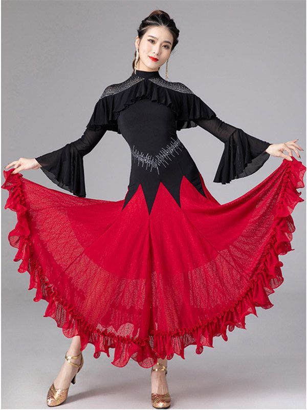 社交ダンス 衣装 モダンドレス ラテン衣装 ダンスウエア 大きい裾 競技着 練習服 ワルツ タンゴ服 インターナショナルダンス モダンダンス ワンピース ドレス ダンスドレス イベント演出用