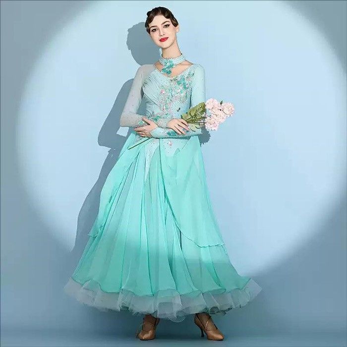 社交ダンスドレス フロート 上品 フリル モダンドレス ラインストーン ビジュー 社交ダンス衣装 長袖 大きい裾 モダン ワルツ レディース ワンピース ダンス衣装 イベント パーティー 発表会 競技用 コンクール 練習着 レッスン 舞台用