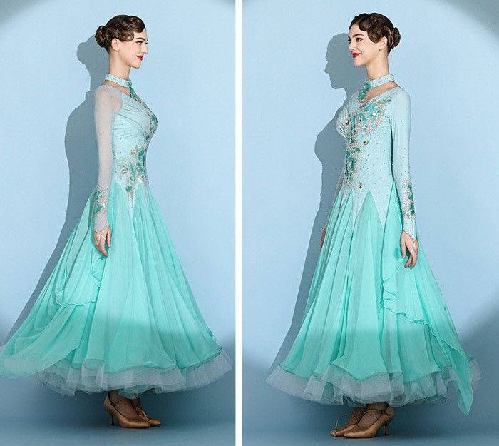 社交ダンスドレス フロート 上品 フリル モダンドレス ラインストーン ビジュー 社交ダンス衣装 長袖 大きい裾 モダン ワルツ レディース ワンピース ダンス衣装 イベント パーティー 発表会 競技用 コンクール 練習着 レッスン 舞台用 LLC-HASEGAWATOSO_COM