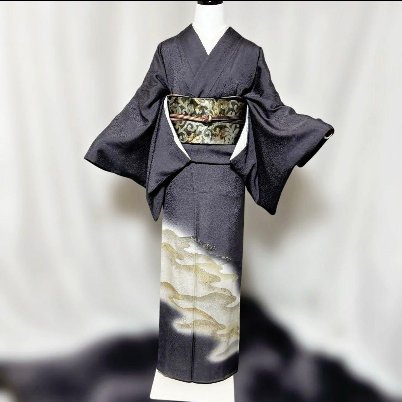 袷 正絹 訪問着 フルセット 西陣袋帯 Beautiful Silk Homongi Kimono Set Hand-Painted Yuzen Nishijin G -Lacquer Brocade Obi Full Formal Set
