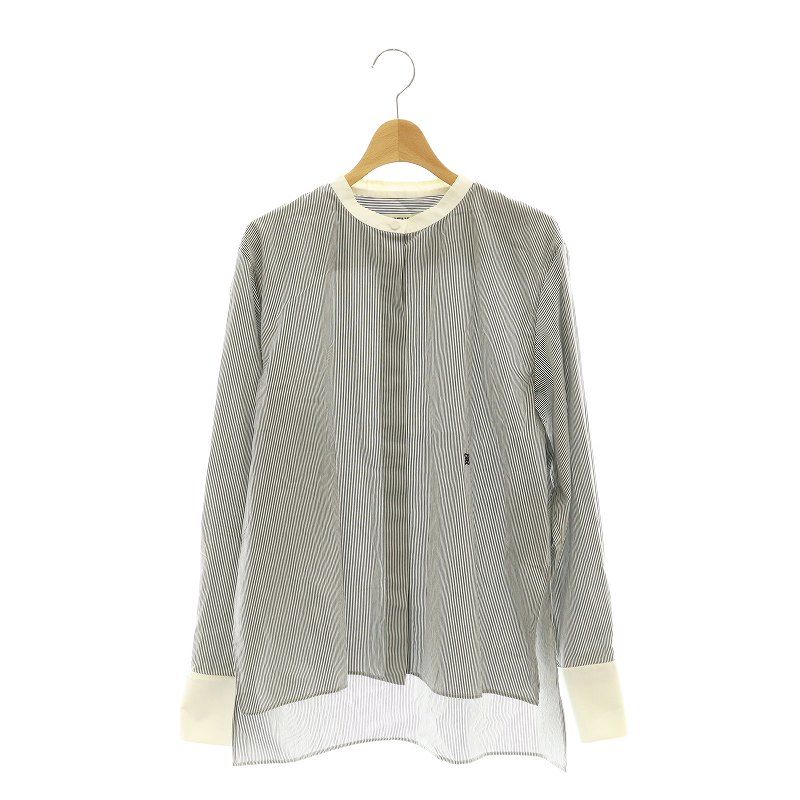 【中古】フェンディ FS7482 ADA6 カリグラフィロゴ刺繍 ストライプシャツ バンドカラー IT42 グレー 白 レディース フェンディ FENDI FS7482 ADA6 カリグラフィロゴ刺繍 ストライプシャツ