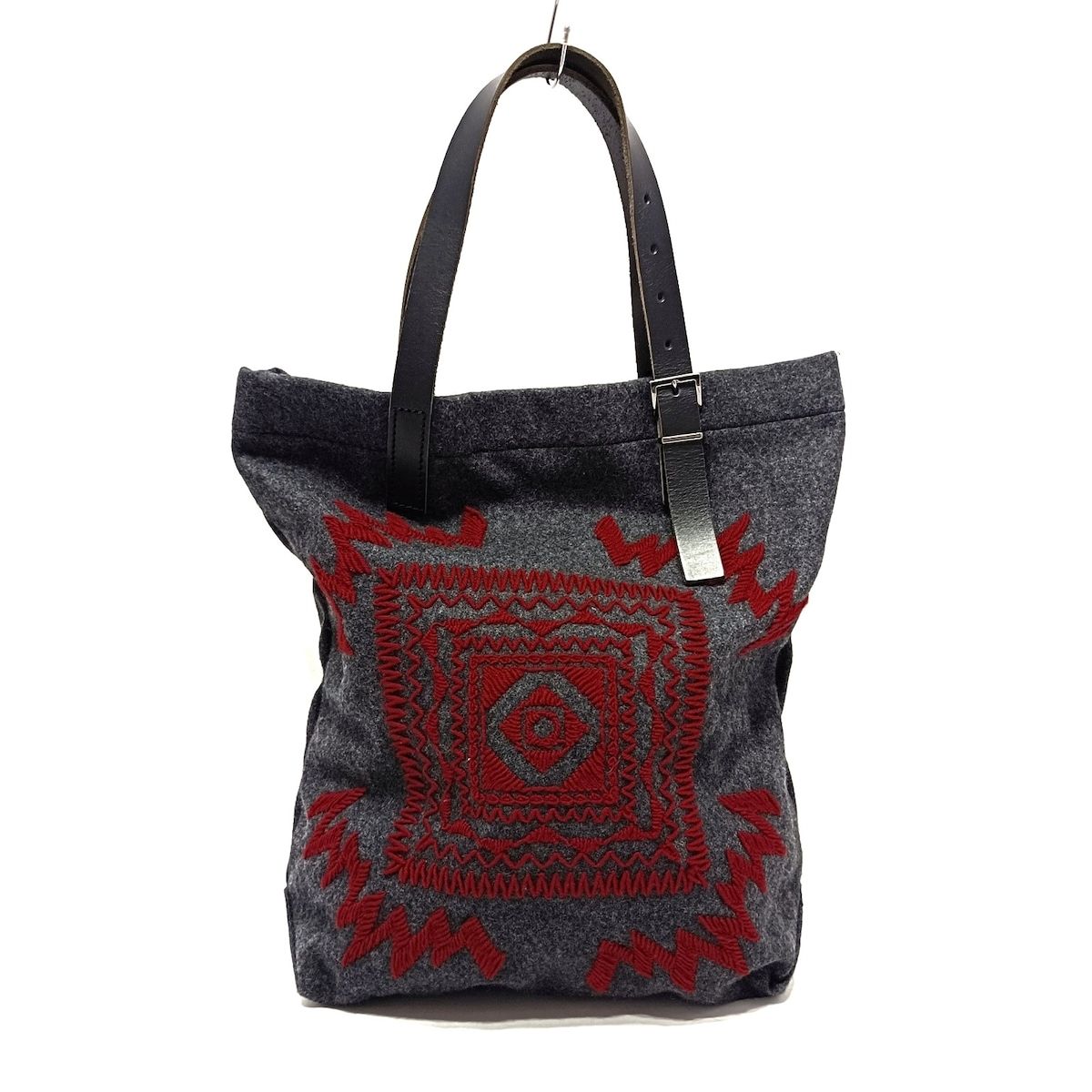 me ISSEY MIYAKE ミー イッセイミヤケ トートバッグ - MI24AG621 ダークグレー×レッド×黒 刺繍 ウール レザー
