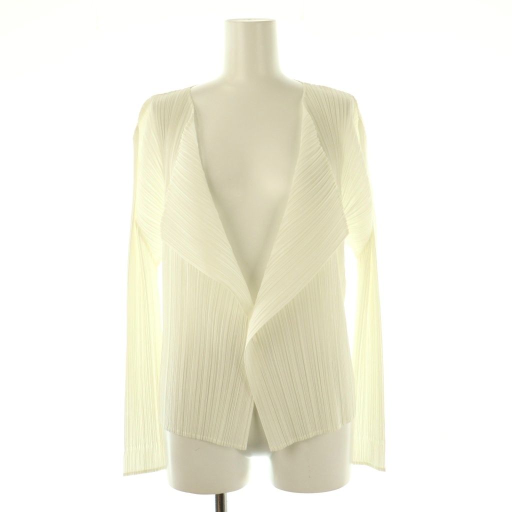 プリーツプリーズ　ノーカラー　柄ジャケット　カーディガン　ホワイト×グレー　美品 プリーツプリーズ PLEATS PLEASE イッセイミヤケ プリーツノーカラー