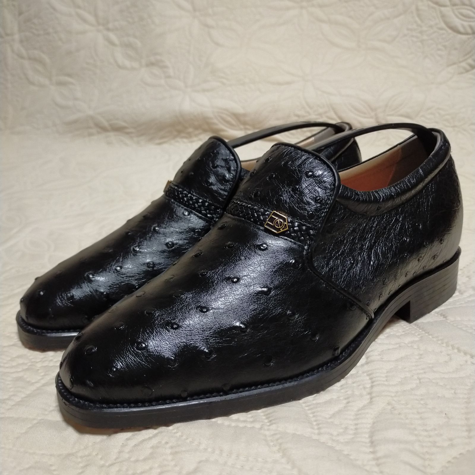 リオーストリッチ 本革 革靴 最 シークレットシューズ オーストリッチ革 5cmUP プレーン スリッポン 北嶋製靴工業所 国産 ヒールアップシューズ ビジネスシューズ ゆったり 幅広 ４E ワイド フォーマル ダチョウ 黒