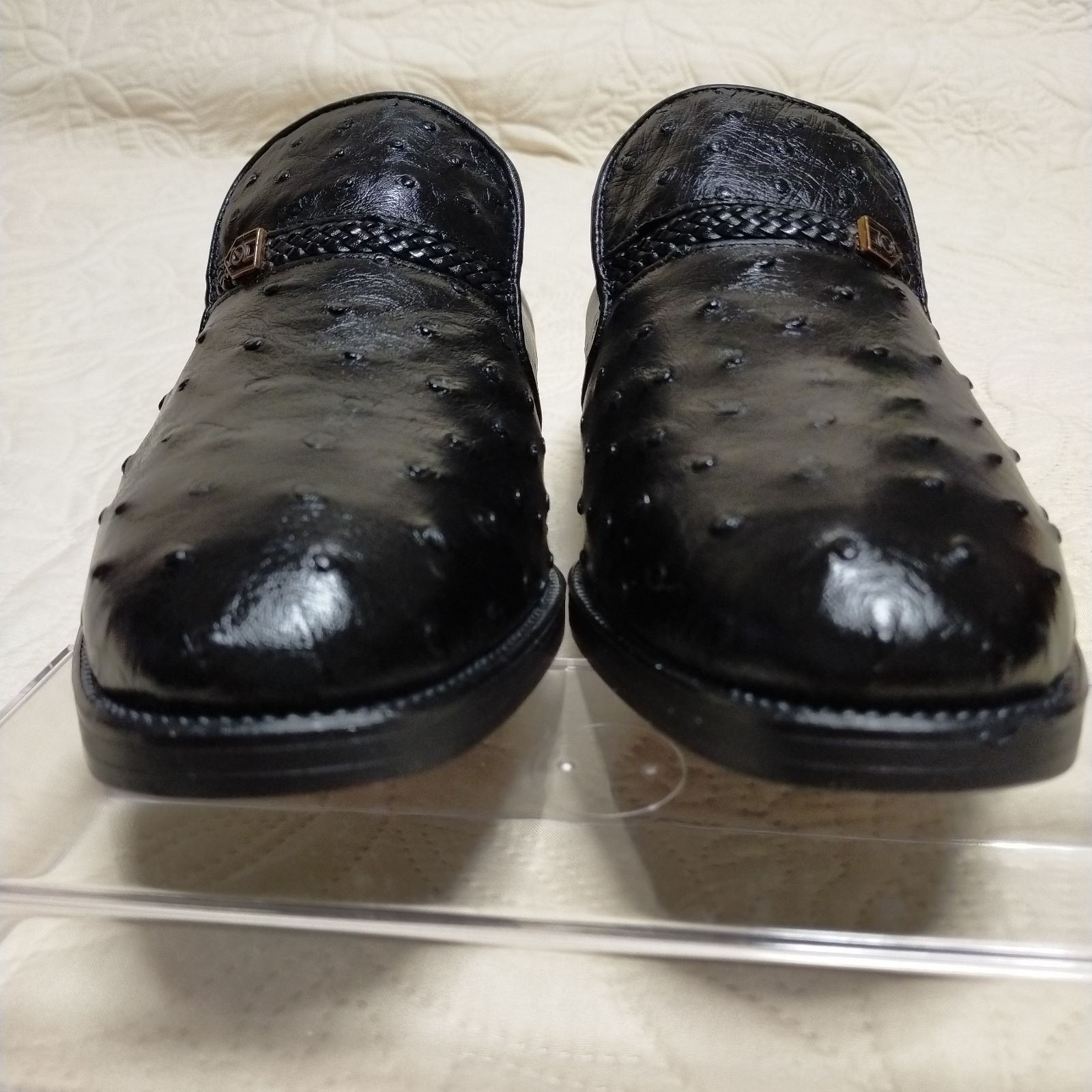 リオーストリッチ 本革 革靴 最 シークレットシューズ オーストリッチ革 5 cmUP プレーン スリッポン 所 国産 ヒールアップシューズ ビジネスシューズ ゆったり 幅広 ４E ワイド フォーマル ダチョウ 黒