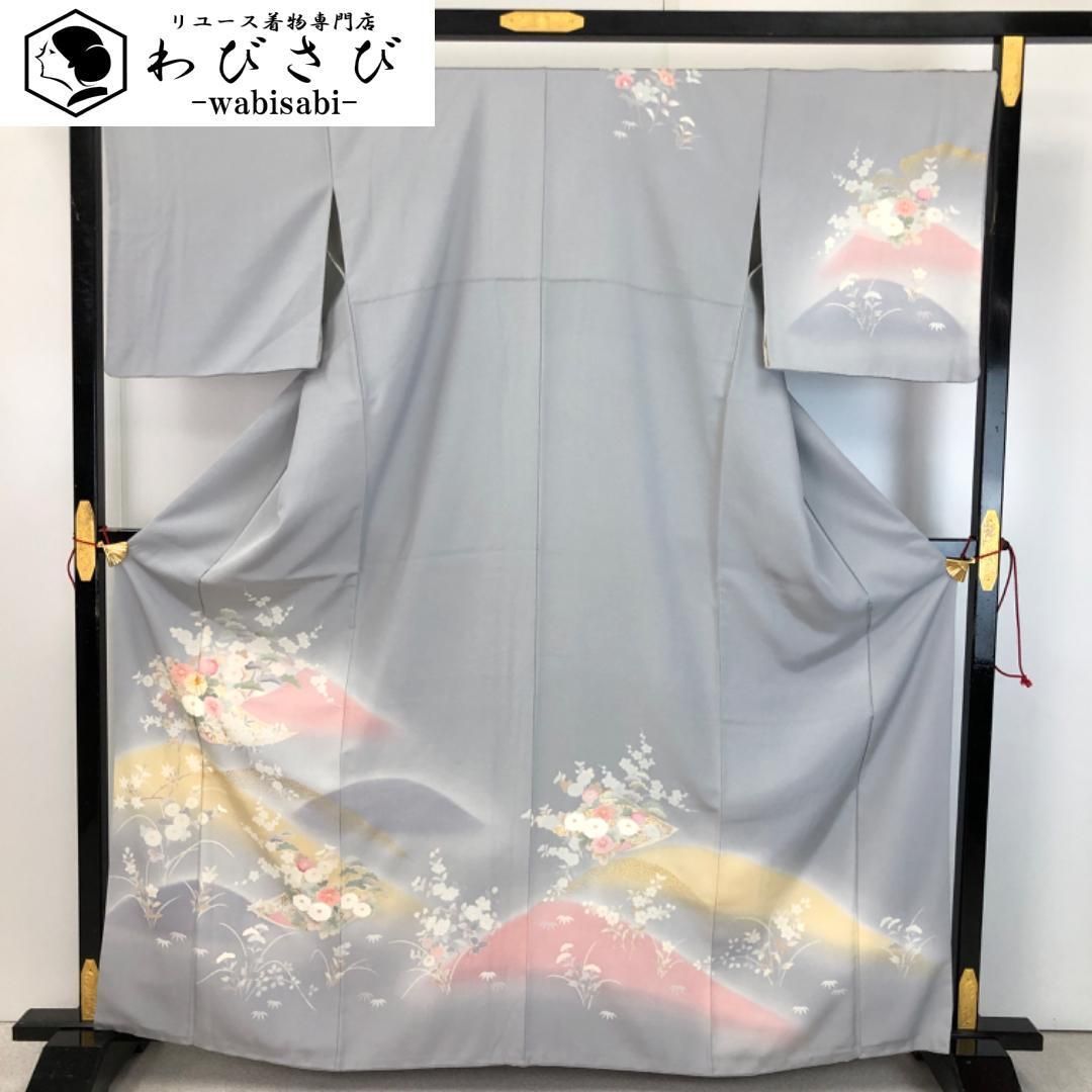 訪問着 友禅 花模様 暈し 薄鼠色 金駒刺繍 金彩 K-5499